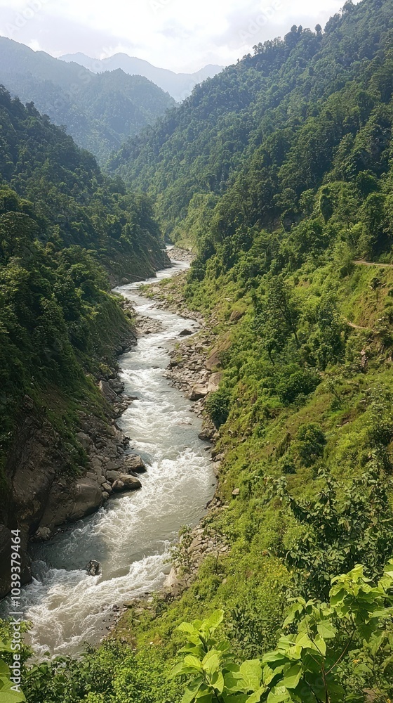 Breathtaking View of a Serene River Flowing Through Lush Green Mountains in Nature's Embrace Breathtaking View of a Serene River Flowing Through Lush Green Mountains in Nature's Embrace