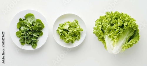 Three Types of Fresh Salad Greens on White Background