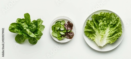 Fresh Green Salad Leaves on White Plates