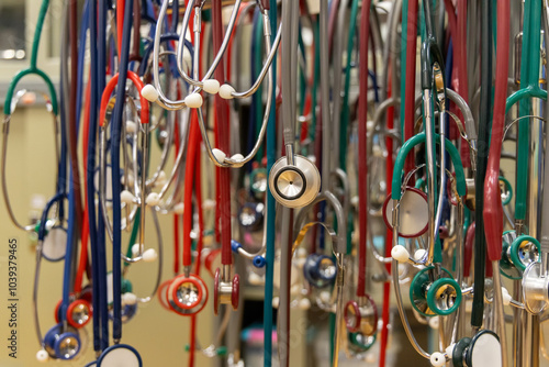 Wallpaper Mural Cardiology stethoscope many color hanging for medical staff school or hospital. Stethoscope background for medical school, health education or hospital patient check concept. Torontodigital.ca