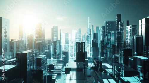 A futuristic block-building scene with interactive electronic blocks, Blocks arranged in a futuristic cityscape, Hi-tech minimalist style photo