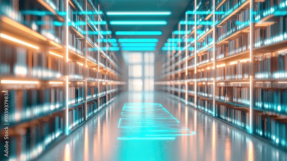 Futuristic library interior with illuminated shelves and vibrant lighting. Futuristic library interior with illuminated shelves and vibrant lighting.