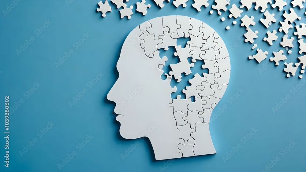 A human head made of a jigsaw puzzle with some of the pieces missing, on a blue background. A human head made of a jigsaw puzzle with some of the pieces missing, on a blue background.