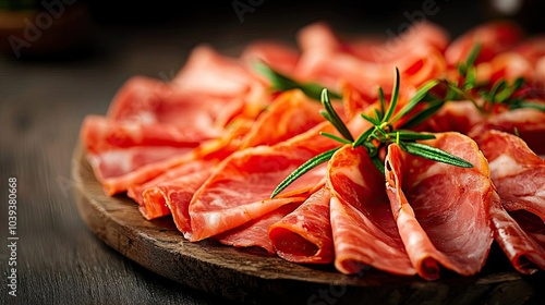 Delicious sliced meat on a wooden board with fresh herbs