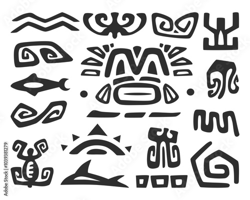 Tiki elements. Aztec and Mayan graphics on a white isolated background. Ethnic Vector Decorations. 
