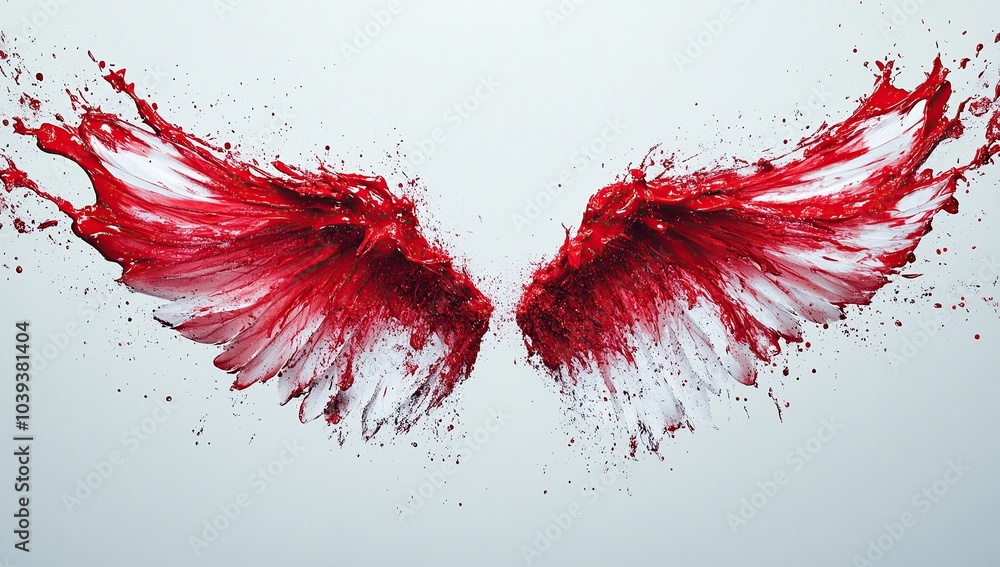 Red and white splashes of paint on a transparent background, flying through the air Red and white splashes of paint on a transparent background, flying through the air