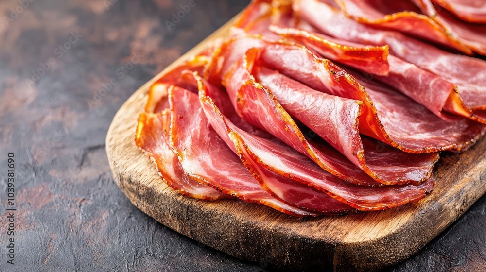 Sliced cured meat on wooden board, rustic textured background. Sliced cured meat on wooden board, rustic textured background.