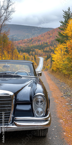 Wallpaper Mural classic car on road with autumn landscape . AI generative. Torontodigital.ca