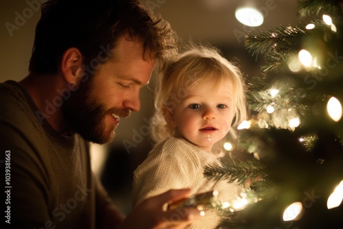 Father and daughter decorating christmas tree with lights photo