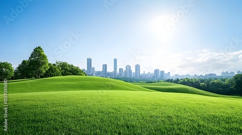 Fototapeta Naklejka Na Ścianę i Meble -  Serene Hillside Cityscape with Lush Green Hills and Modern Urban Skyline