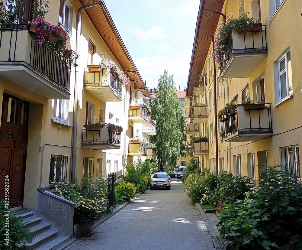 Obraz premium Eastern European apartment blocks. AI generative.