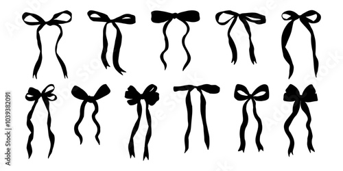 A series of black bows are shown in various positions. The bows are all the same size and shape, and they are all black. The image has a monochromatic color scheme, which gives it a simple