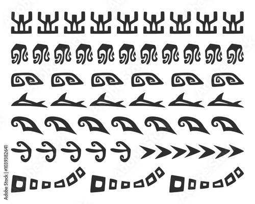  Tribal pattern.Set of borders. Aztec and Mayan graphics, tiki patterns on a white isolated background.Vector decorations. 