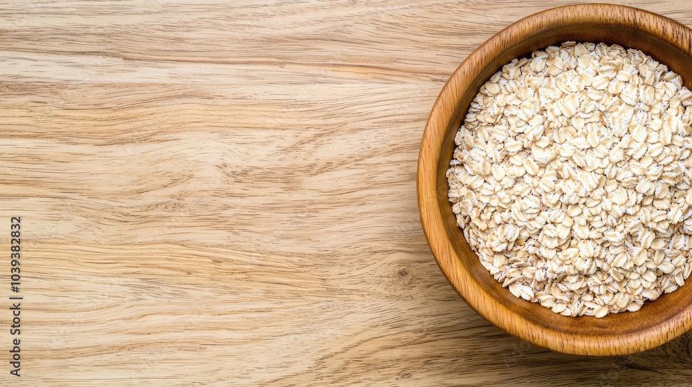 A wooden bowl filled with oats on a wooden table, natural and rustic setting. A wooden bowl filled with oats on a wooden table, natural and rustic setting.
