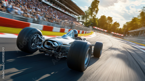 Silver racing car maneuvering through Monza chicane under bright midday sun, showcasing Italian flag colors in grandstands. Dynamic trackside shot with sharp focus. photo