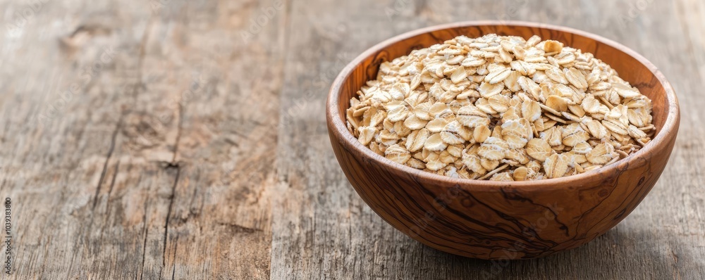 Wooden bowl filled with oats on rustic wooden table, natural food concept. Wooden bowl filled with oats on rustic wooden table, natural food concept.