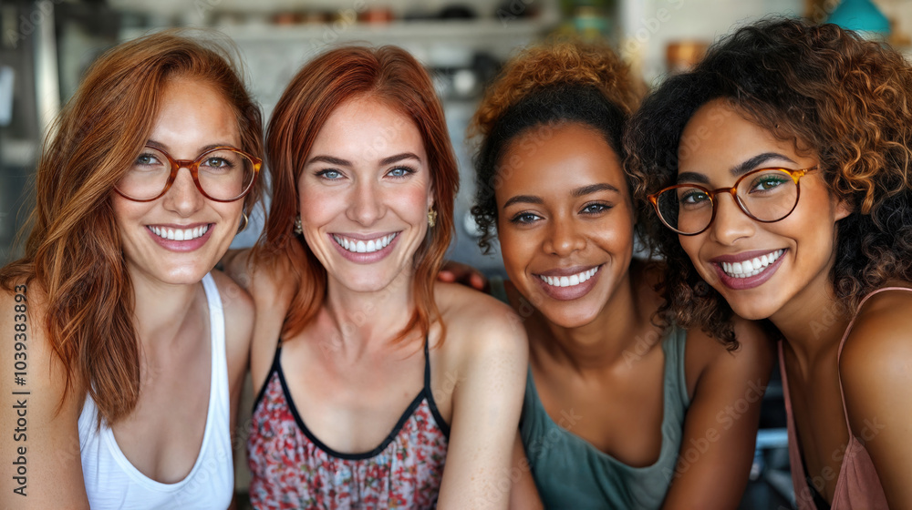 Fototapeta premium Joyful group of women with diverse hairstyles and smiling faces in casual setting