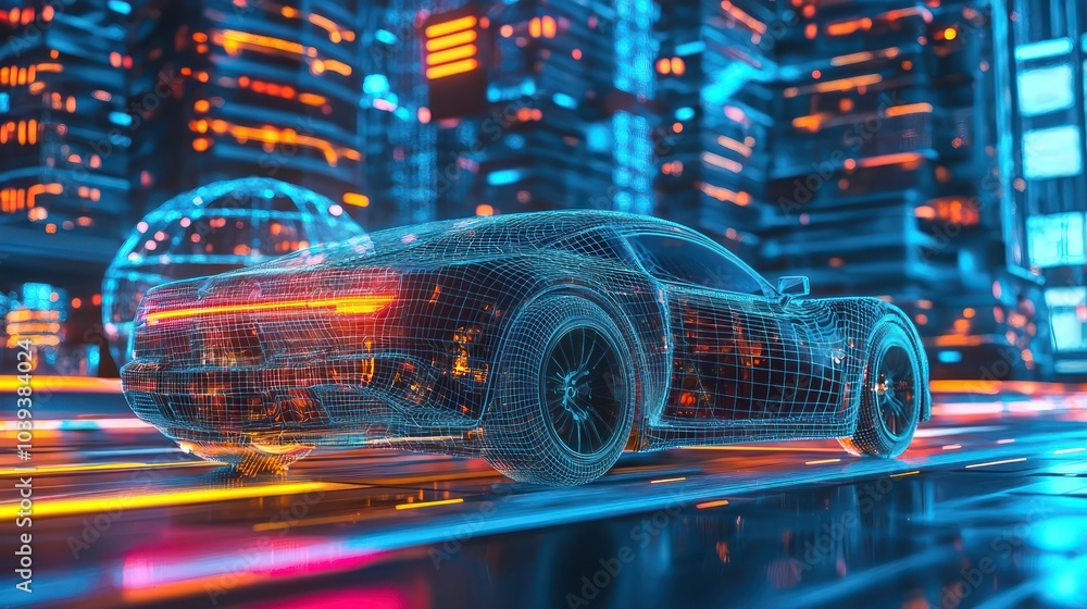 Dynamic portrayal of a wireframe vehicle traveling through an urban future. Dynamic portrayal of a wireframe vehicle traveling through an urban future.