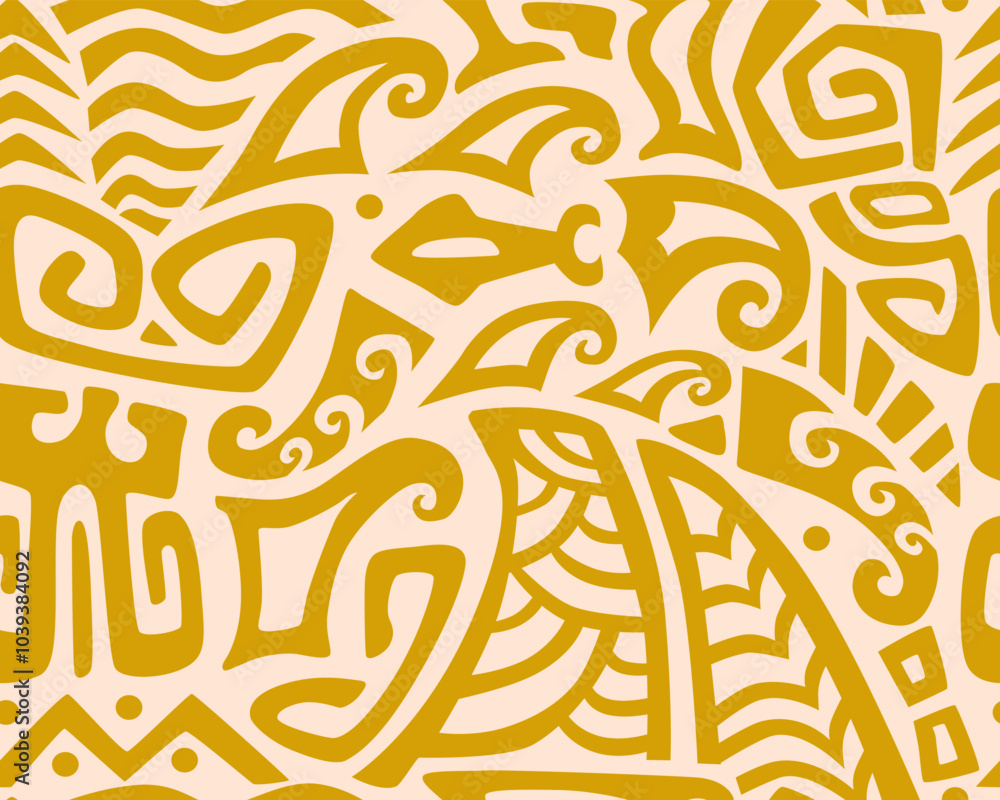 Polynesian motifs. Tiki seamless pattern. Aztec textile print.Geometric, vector background. Suitable for printing on fabric and paper, for parties. Polynesian motifs. Tiki seamless pattern. Aztec textile print.Geometric, vector background. Suitable for printing on fabric and paper, for parties.