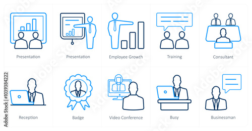 A set of 10 Human Resources icons as presentation, employee growth, training