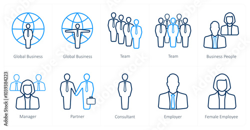 A set of 10 Human Resources icons as global business, team, business people