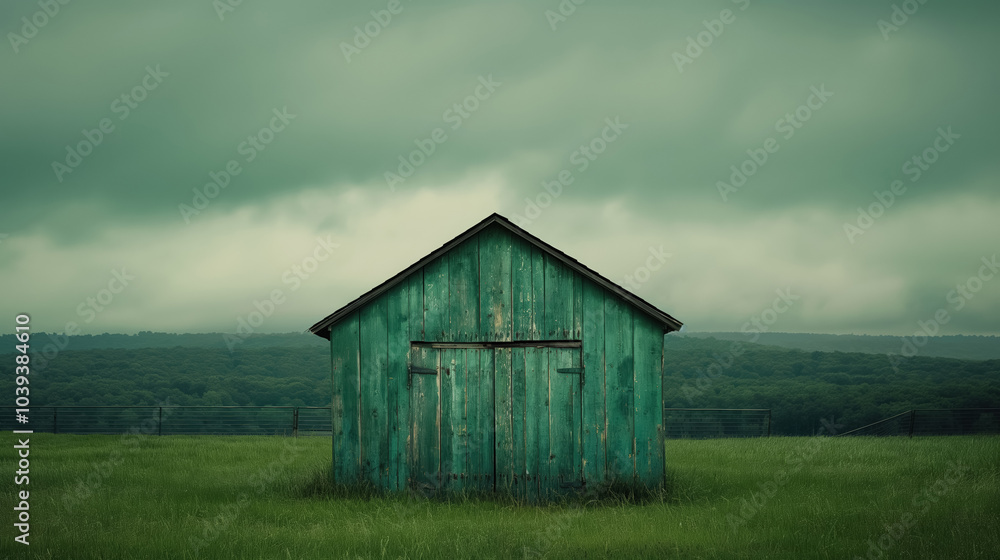 Rustic green barn in foggy countryside landscape Rustic green barn in foggy countryside landscape