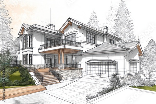 Architectural rendering combining real photos with schematic drawings of a home.