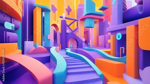 The scene is a modern, colorful world filled with bright colors like purple, orange, and blue. Arrows point in different directions, showing the many services offered.