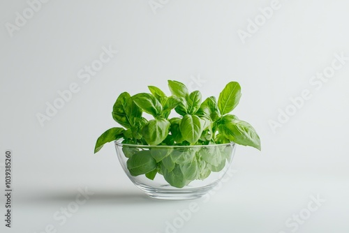 basil leaves in a small glass bowl on white background