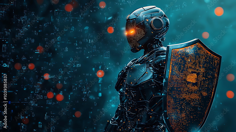 Fototapeta premium Futuristic robot guardian with glowing eyes and shield against an abstract digital background representing advanced technology