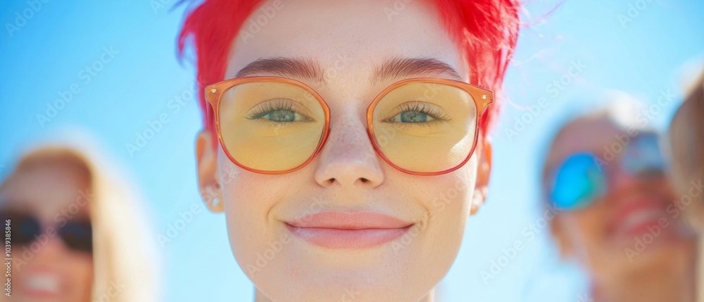 Vibrant Cherry Red Hair at Fashion Gathering Under Bright Sun Vibrant Cherry Red Hair at Fashion Gathering Under Bright Sun