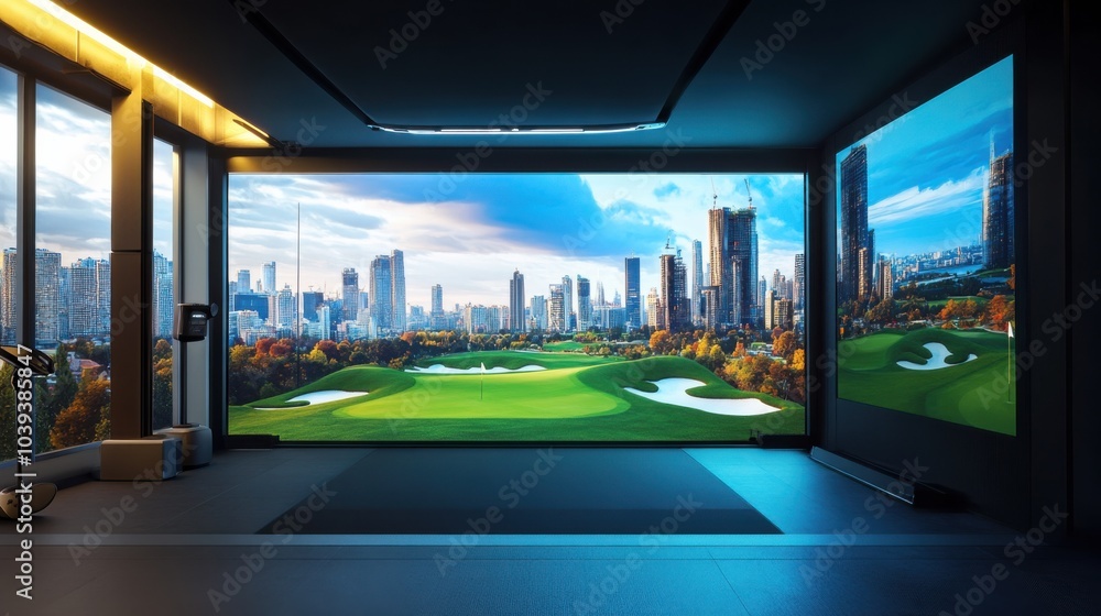 Fototapeta premium A futuristic golf simulator room with panoramic cityscape views, Virtual fairways on immersive screens, Urban gaming style