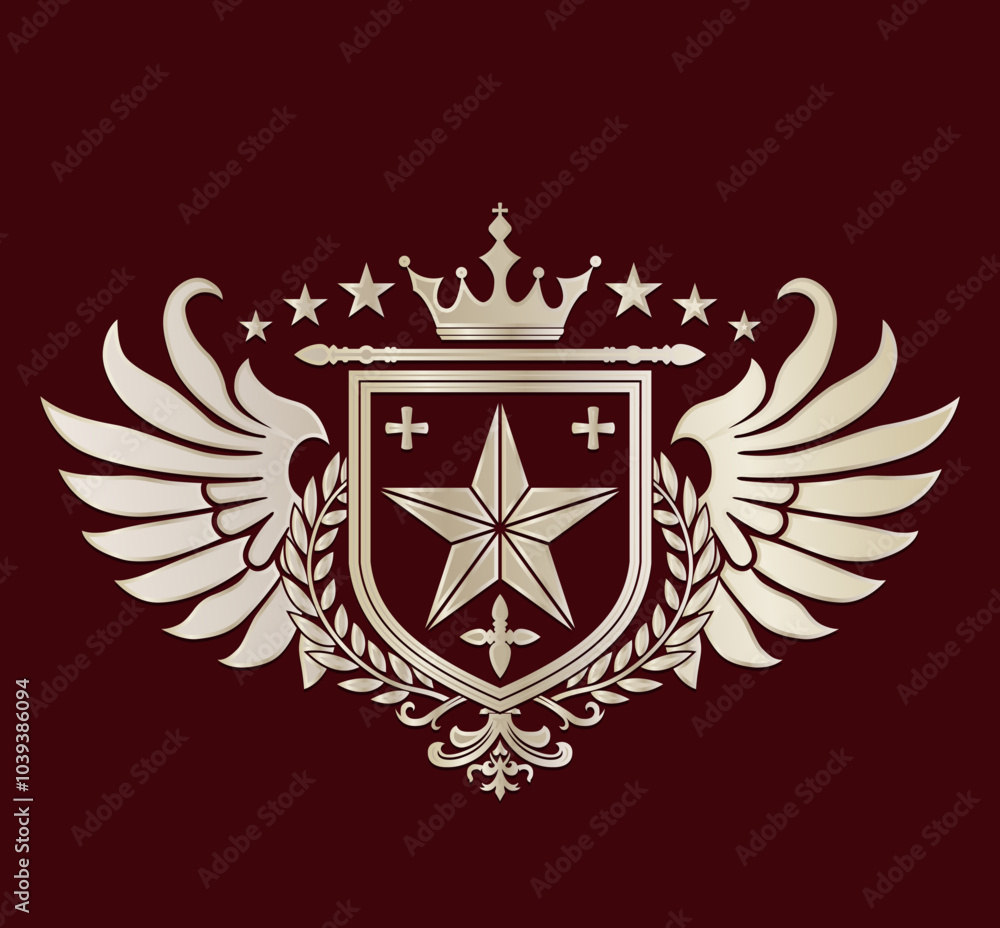 Fototapeta premium winged shield with star crown and laurel wreath gold logo