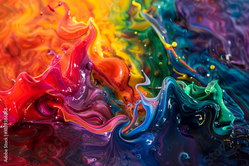 Expressive abstract painting featuring flowing waves of rainbow colors. Perfect for brightening up any living or working space.