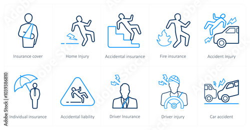 A set of 10 Insurance icons as insurance cover, home injury, accidental insurance