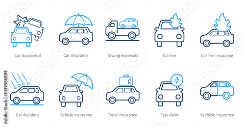 A set of 10 Insurance icons as car accidental, car insurance, towing insurance