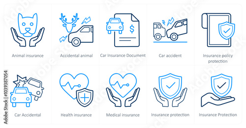 A set of 10 Insurance icons as animal insurance, accidental animal, car insurance document