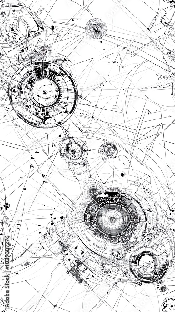 Temporal dimensions illustration, interlocking gears and geometric shapes on white background Temporal dimensions illustration, interlocking gears and geometric shapes on white background
