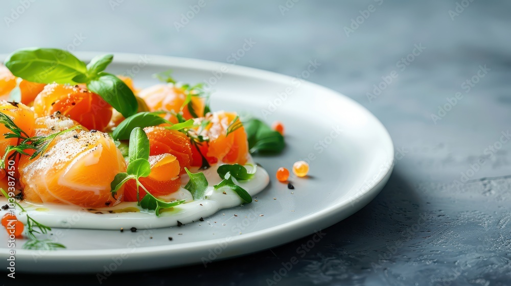 Delicious salmon salad with fresh herbs on a plate, garnished beautifully. Delicious salmon salad with fresh herbs on a plate, garnished beautifully.