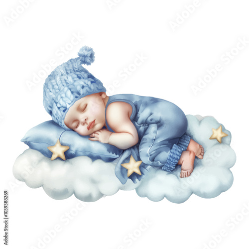 Cute baby shower watercolour with sleeping newborn on cloud. For baby boy