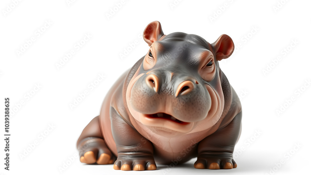 Realistic small cute baby hippo smiling on white background. Generative AI Realistic small cute baby hippo smiling on white background. Generative AI