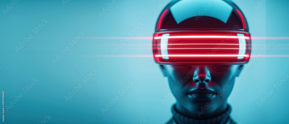 Fototapeta premium Futuristic person wearing stylish VR headset with glowing red lights.