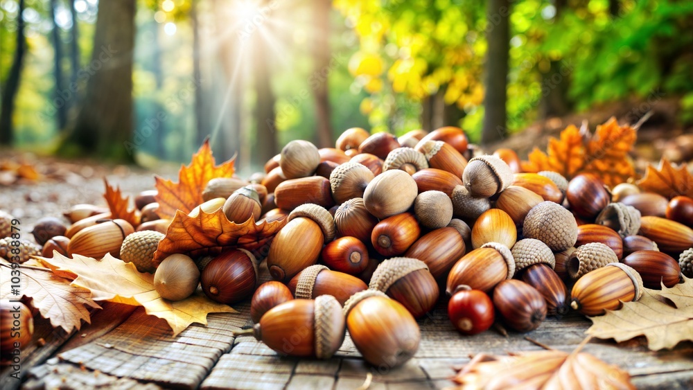 Pile of Acorns on Forest Floor with Autumn Leaves, Nature Harvest.. Pile of Acorns on Forest Floor with Autumn Leaves, Nature Harvest..