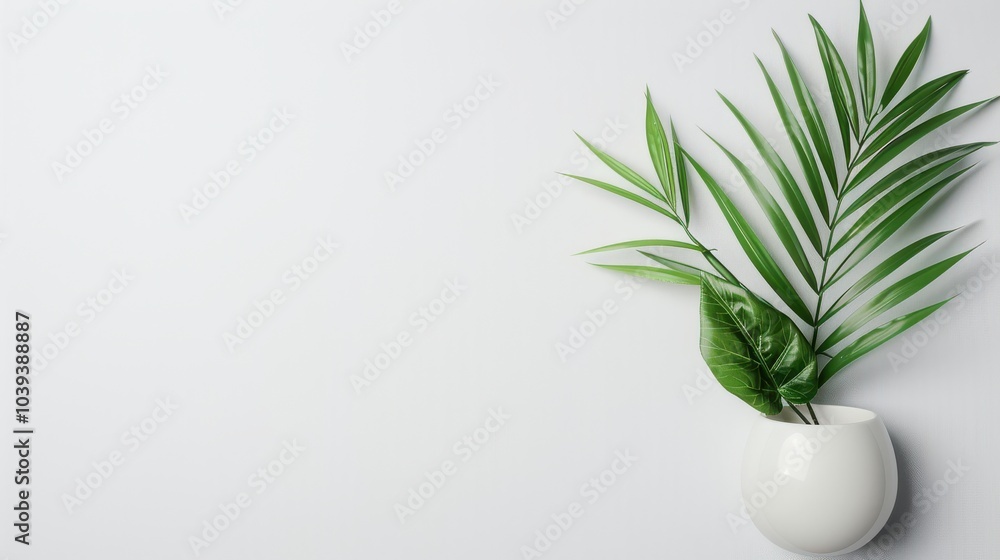 Green palm leaf in a modern white pot on a light background. Green palm leaf in a modern white pot on a light background.