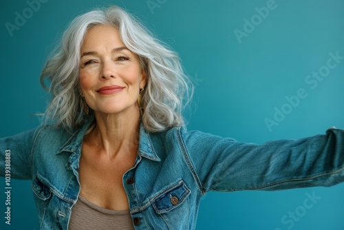 Obraz na płótnie Mature woman dancing in casual denim on blue backdrop, Generative AI w salonie