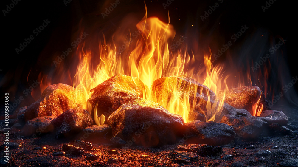 Flickering flames dance above glowing rocks in a captivating nighttime fire display Flickering flames dance above glowing rocks in a captivating nighttime fire display