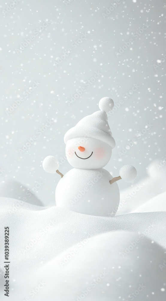 Fototapeta premium winter white snow, small marshmallow snowman figure next trees, white and ivory lighting background, tree christmas in background