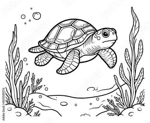 Cute turtle undersea coloring page or kids