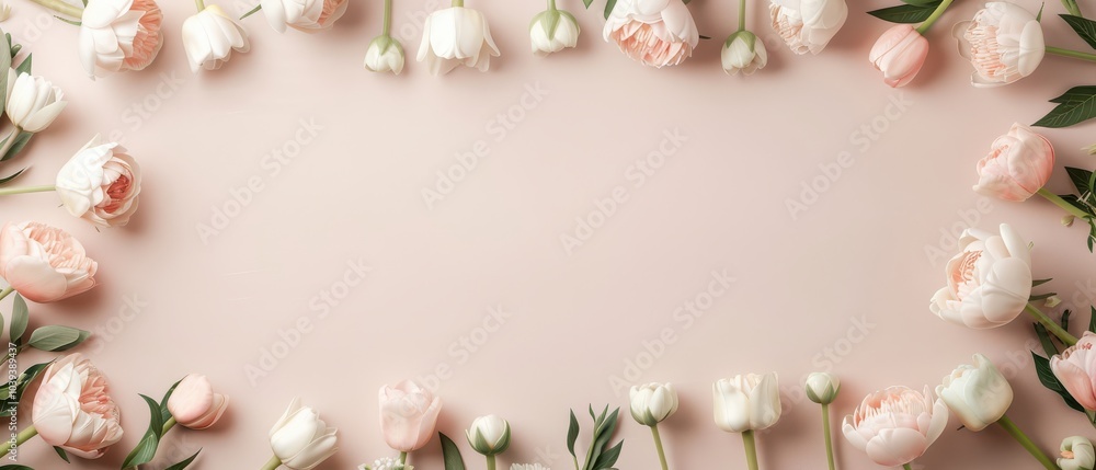 Peonies and tulips arranged on a soft pink background, creating a floral frame. Peonies and tulips arranged on a soft pink background, creating a floral frame.