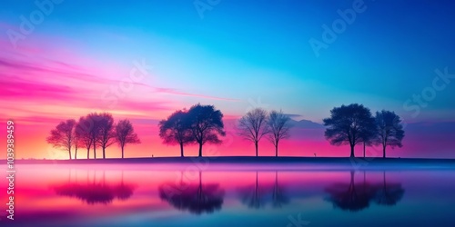 Abstract Background with Pink and Blue Gradient and Silhouetted Trees for Nature Photography, Landscape Art, and Scenic Wall Decor